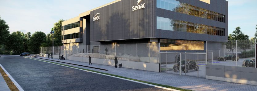 Projeção da nova unidade híbrida Sesc-Senac em Itaperuna, RJ, com foco em assistência e capacitação.