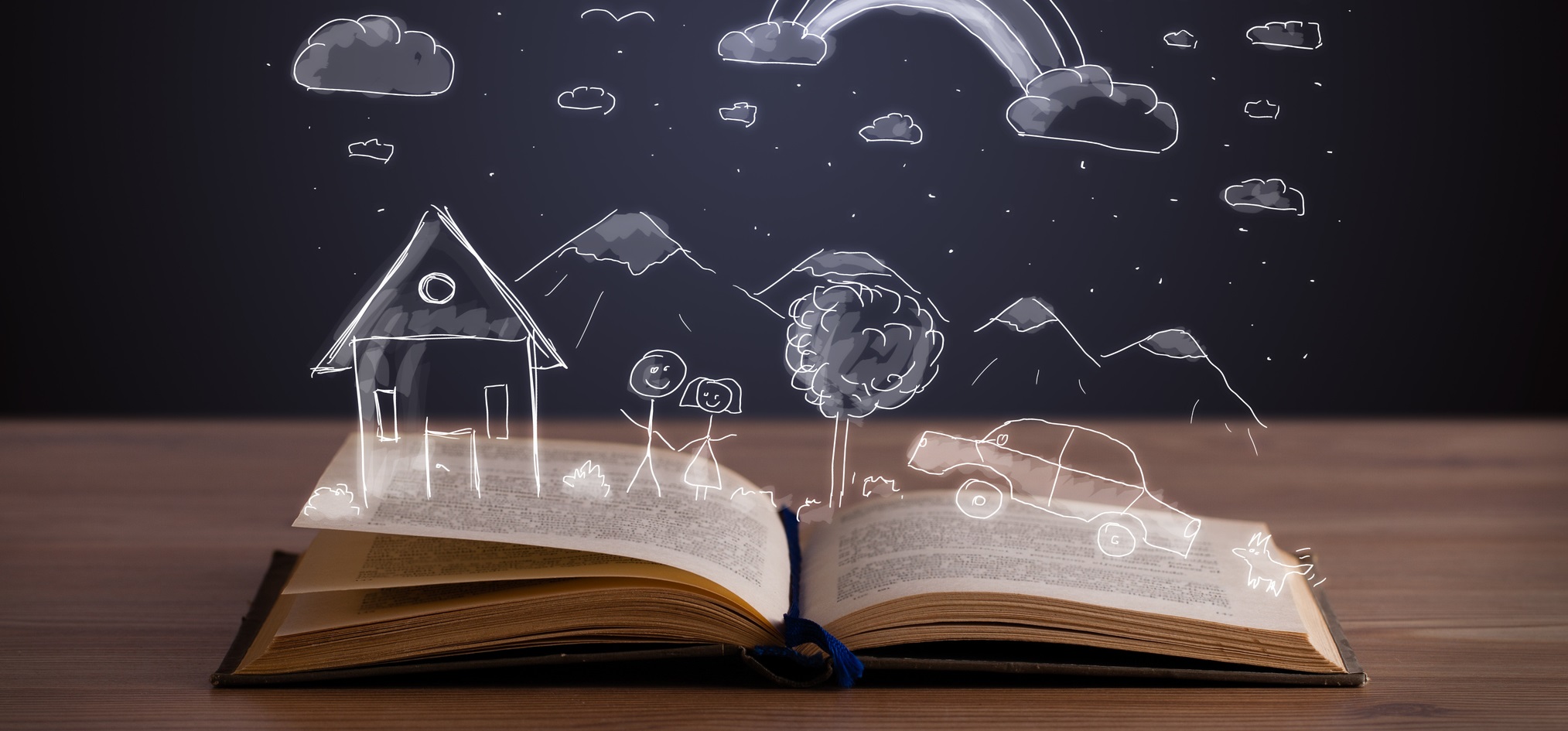FLIP 2024: Imagem de um livro aberto, com desenhos de nuvens, montanhas e uma casa flutuando, representando a imaginação.