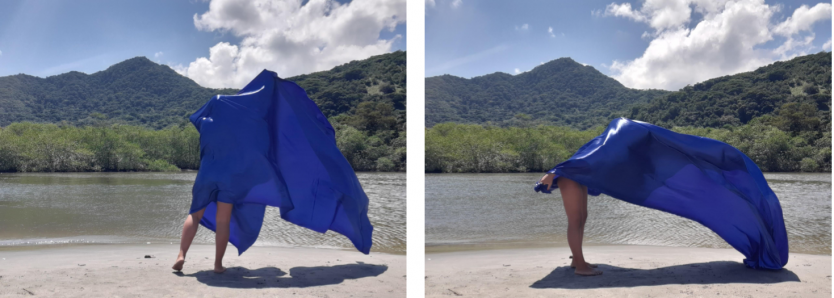 Sequência de fotos da obra-performance de Julia Saldanha, em que um tecido azul cobre e molda o corpo da artista na paisagem de Ubatuba.
